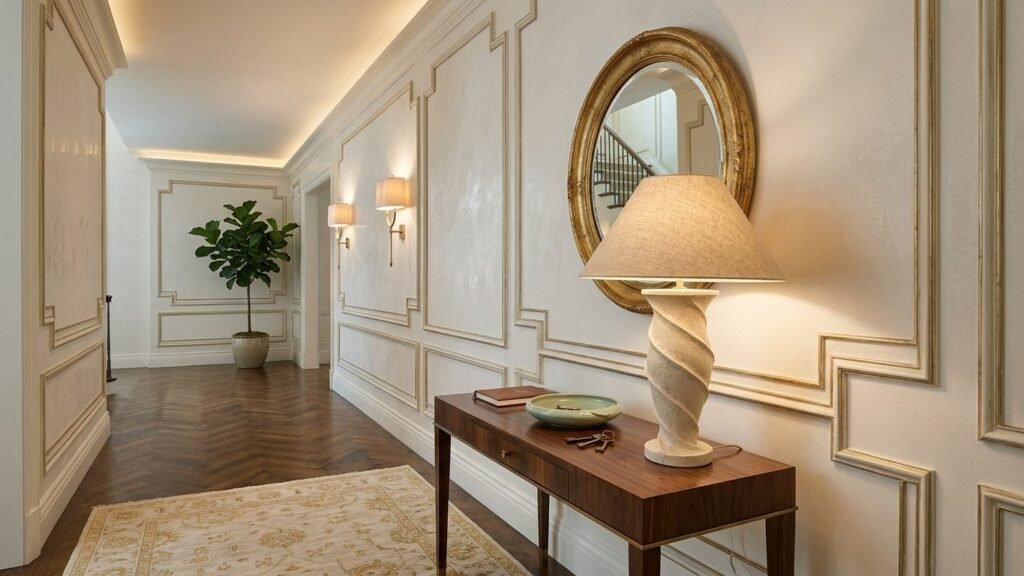 A panelled hallway with a walnut console, a stone lamp and a gilt oval mirror