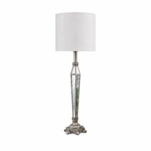 A mirrored column lamp with a pale shade