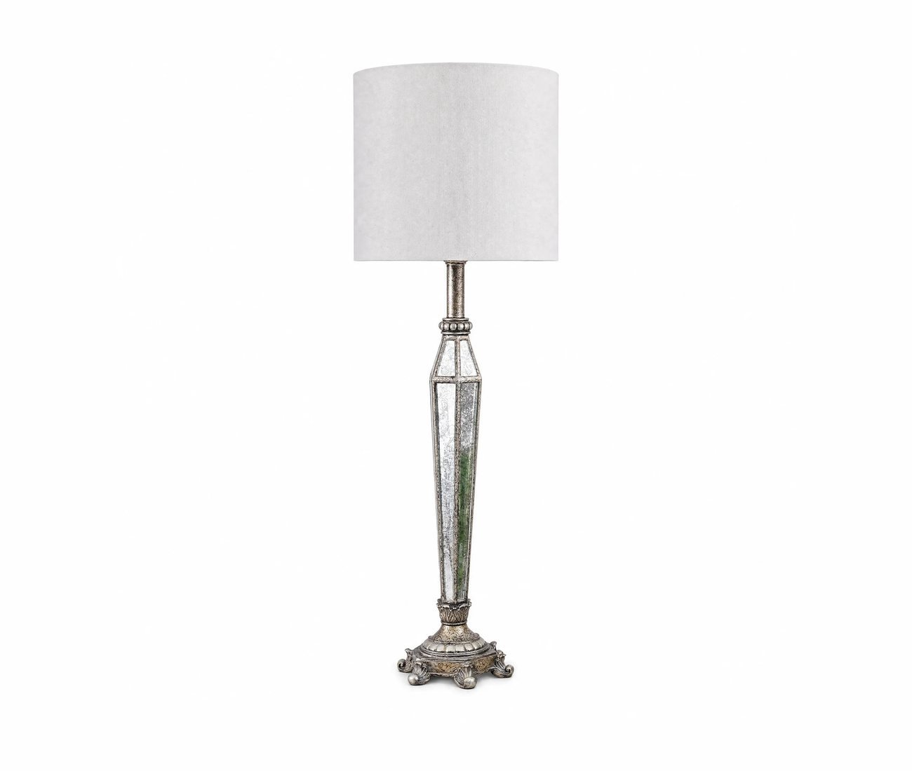A mirrored column lamp with a pale shade