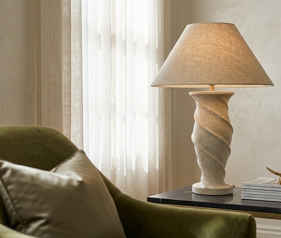 A travertine table lamp with a linen shade